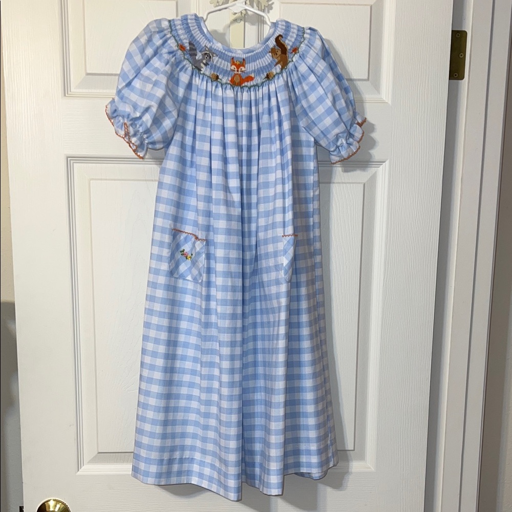 Smocked Blue Checked Dress with Animals NWOT